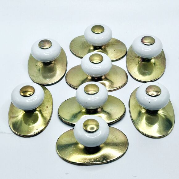 Vintage Keeler Brass Oval Porcelain Drawer Knobs Pulls Set of 8 - Picture 2 of 8